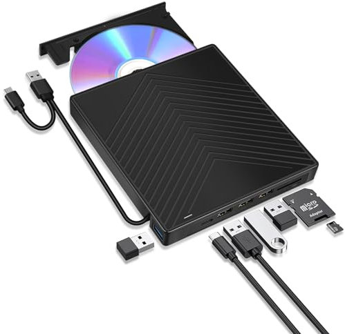 ARyee 7 in 1 Externes CD DVD Laufwerk, USB 3.0 mit 4 Anschlüssen und 2 TF/SD Kartensteckplätzen, schlankes optisches Laufwerk für PC Windows 11/10/8 Laptop Mac Linux OS