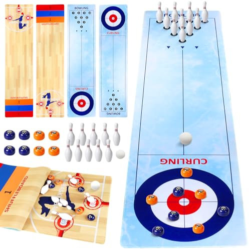 Landifor 4 in 1 Tabletop Game Board for Family Party 30 x 120cm Multifunction Tabletop Gameboard - Curling Basketball Bowling & Shuffleboard Game Family Indoor Interactive Game for Kids and Adults