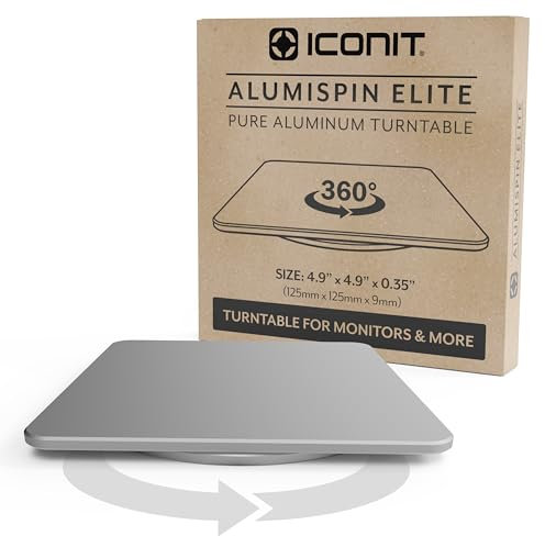 ICONIT Alumispin Elite Monitor-Drehteller, 12,7 x 12,7 cm, reines Aluminium, um 360° drehbar, quadratisches Design für iMac, Monitore und Bildschirme bis 86,4 cm, dünn, modern und ultra-langlebig,