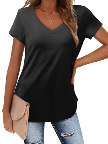 Amoretu Camiseta de verano para mujer, manga corta, túnica, elegante, cuello de pico, suelta, básica, blusa larga, A:negro, XXL