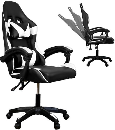 Gio Arreda Sedia da Gaming Reclinabile, Poltrona Ufficio girevole, con rotelle, ergonomica, poggiatesta e cuscino lombare, Portata: 125kg (Bianco & Nero, Reclinabile)