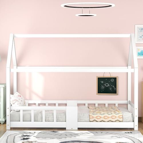 HYUB Kinderbett Hausbett 90 x 200cm mit Lattenrost aus Kiefernholz, Montessori Bodenbett, Holzbett Kinderzimmer mit Rausfallschutz für Jungen & Mädchen, Weiß