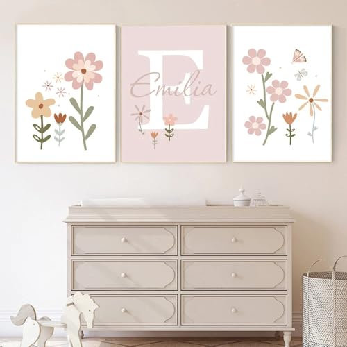 3 Affiches Prenom Personnalisé Bébé Fille 30x40cm Poster Fleurs Sauvages Rose Tableau Decoration Murale Chambre Enfant Fille Garcon Cadeau SANS CADRE