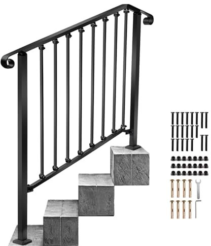 Redlife Corrimano per Scale Esterne, Corrimano Scale per 3-4 Gradini, Corrimano Regolabile per Portico, Ringhiera per Scale per Portico, Ringhiera per Scale in Ferro Battuto (Nero, 3-4 gradini)