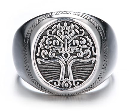 GTHIC Anello con sigillo vichingo con albero della vita in acciaio inossidabile per uomini e donne con amuleto Yggdrasil in argento dorato tono vintage, taglia USA 8
