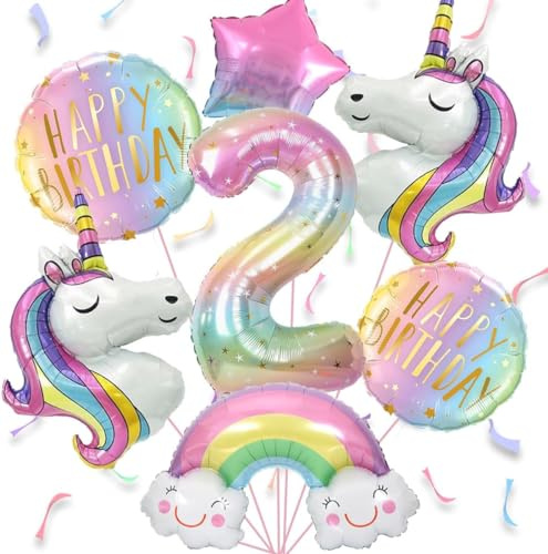 Luftballon Einhorn 2 jahre, 7pcs Luftballons Geburtstag 2 Regenbogen, Luftballons Geburtstag Mädchen 2, Geburtstagsdekoration für 2-Jährige Mädchen