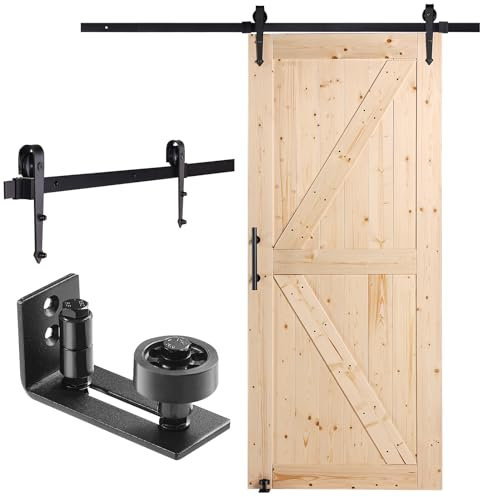 VEVOR Kit de Herrajes y Puerta de Granero Puerta Corrediza de Madera de 914,4 x 2133,6 mm Kit de Puerta de Granero con Guía de Piso 8 en 1 y Manija de Puerta, Losa con Paneles de Madera de Abeto