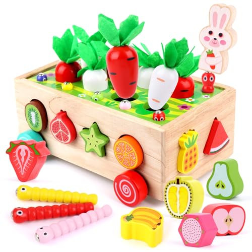 RISVOWO Montessori Spielzeug ab 1 2 3 Jahr, Holzspielzeug 7-in-1 Farmspiel Motorikspielzeug aus Holz, Steckspiel Sortierspiel Holzpuzzle Karottenernte für Mädchen Jungen Kinder Kleinkind