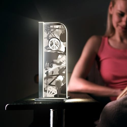 Luverre Tischlampe | LED-Leuchte | Glas-Leuchte mit Gravur für Nachttisch, Kommode, Wohnzimmer | Pop Art, Banksy, Kunst (Peace Art, Rechteck | silber)
