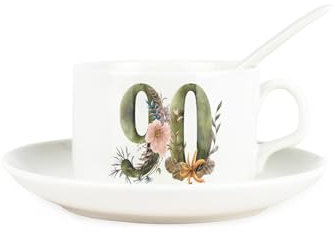 Floral Age 90 Cup & Saucer Set with Spoon - 90th Birthday/Anniversary - Gifts for Her - Porcelain White Mug Coffee/Tea Hot Drinks Present