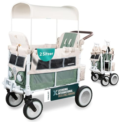 WonderFold | Bollerwagen Faltbar Kinder VW2 Volkswagen KinderVan (2 Sitzer) | Premium Bollerwagen Kinder mit VW-Stoßstange, funktionierenden Scheinwerfern & All-Terrain XL-Rädern | Sage Green