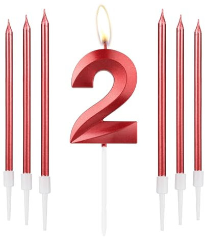 mciskin Red 2 Birthday Candles-3D Design Number 2 Candle for Cake with 6pcs Long/Thin Candles Set, Red Cake Topper for Girl 2nd Birthday Decorations Supplies,2nd Wedding Anniversary Decorations
