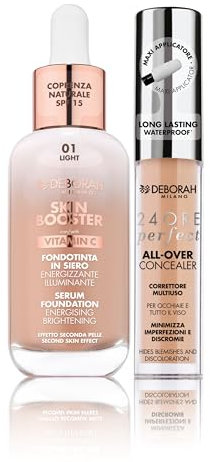 Deborah Milano-Set Makeup, Serum, Skin Booster SPF15,01 Light, mit Vitamin C, natürlicher Effekt, 30 ml und Korrekturflüssigkeit 24 Stunden Perfect All-Over,03 Sand, langer Halt, wasserfest, 5,5 g
