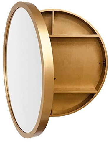 Runder Spiegelschrank fürs Badezimmer mit LED-Beleuchtung, beschlagfreier Badezimmerspiegel aus Massivholz/an der Wand montierter runder Kosmetikspiegel, verschiebbare Aufbewahrungsspiegel f