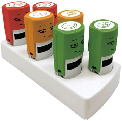 NIO School Motivationsstempel-Set | Emoji (6 Stück) |Zur Bewertung & Belohnung | Lehrerstempel in 3 Farben (Rot, Orange, Grün) | Abdruck Ø 17mm | Ideal für Grundschule & Hausaufgaben