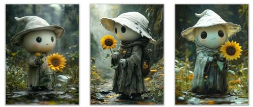 JOSUE Set 3 Teilig Gelb, grau Halloween Deko Bilder Poster Leinwand Bilder, Niedliche Geisterblumen Bilder Wanddekoration Wohnzimmer Schlafzimmer Wanddeko-30x45cmx3 Ungerahmt