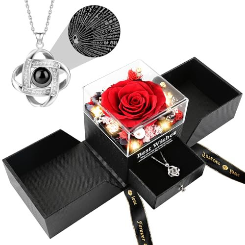 FAYODO Ewige Rose mit Ich Liebe Dich Halskette Damen,Echte Konservierte Blumen Rosenbox Geschenke für Frauen Mama Frau Valentinstag Muttertag Geburtstags Jubiläum(leuchtendes Rot)
