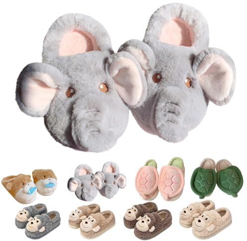 Niedliche Elefanten-, Otter-, Affen- und Schildkröten-Hausschuhe für Damen, lustige rutschfeste weiche Plüschtier-Hausschuhe für den Winter, C-Elefant, 38/39 EU
