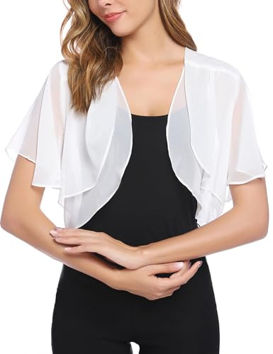 Aottori White Bolero Cardigans for Women Summer Chiffon Shrugs Boleros Ladies Short Sleeve Open Front Sheer Shawls Casual Thin Cropped Cardigan UK Evening Wedding White M