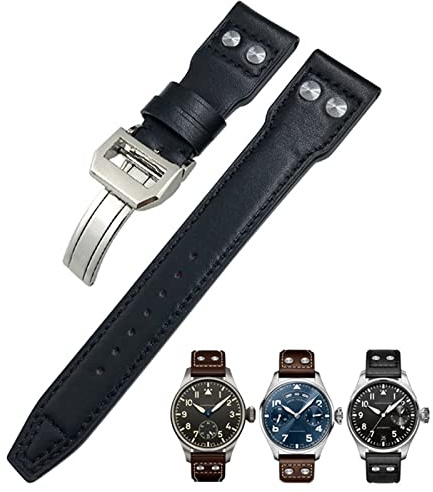 AHGDDA 20 mm echtes Lederarmband für IWC Big Pilot Watch Mark 18 Spitfire Hamilton Rindsleder weiches Uhrenarmband(Black Black Rivet 1,Silver Buckle)