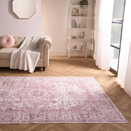 OHS Vintage Printed Washable Bedroom Rugs, Soft Decorative Durable Material Vintage-Inspired Stylish Living Room Hallway Rugs - Blush Pink, 120 x 170cm