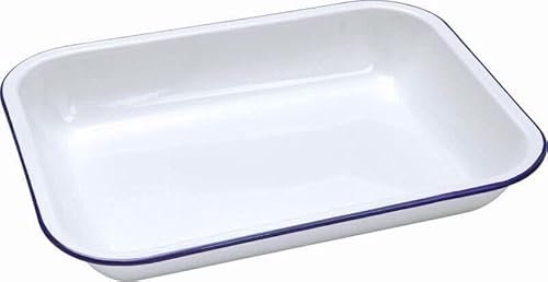 HOCHSTE® Falcon Enamel Bakepan Traditional White Oblong Shape Traditionally Enameled with Blue Rim Roasting Tray, Oven & Dishwasher Safe, Heavy-Gauge Steel White 1 Pack - 31x25x5cm