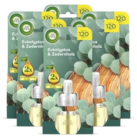 Air Wick Duftstecker Nachfüller – Duft: Eukalyptus und Zedernholz – Holzig-frischer Raumduft für die Steckdose – 6x 19ml Duftölflakon-Nachfüller