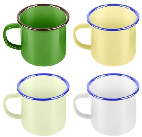 Enamel Mug Set of 4, 350 ml, Portable and Reusable Enamel Mugs, Porcelain Coffee Cups, Tea Cups, White, Army Green, Light Green, Light Yellow, Lightweight Camping Cup for Home, Party, Office, or