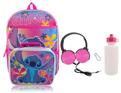 Disney Stitch Backpack With Lunch Box for Kids | Insulated Lunch Bag Lunch Box for Boys, Girls, Toddlers | Backpack for School and Reusable Lunchbox with Matching Headphones and Water Bottle