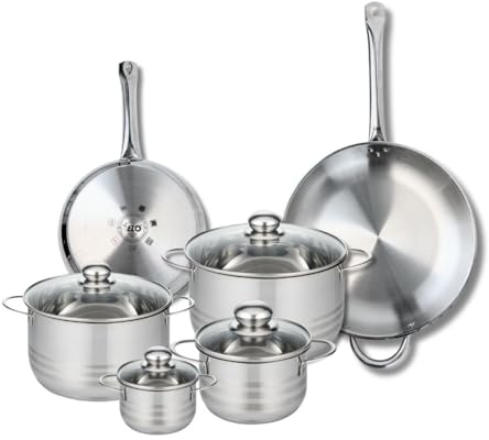 ELO 9881150 Kochgeschirr-Set, 6-teilig, 2 Bratpfannen 24 und 32 cm und 4 Kochtöpfe 12, 16, 20 und 24 cm Elo Profi, glänzend, Edelstahl, Induktion