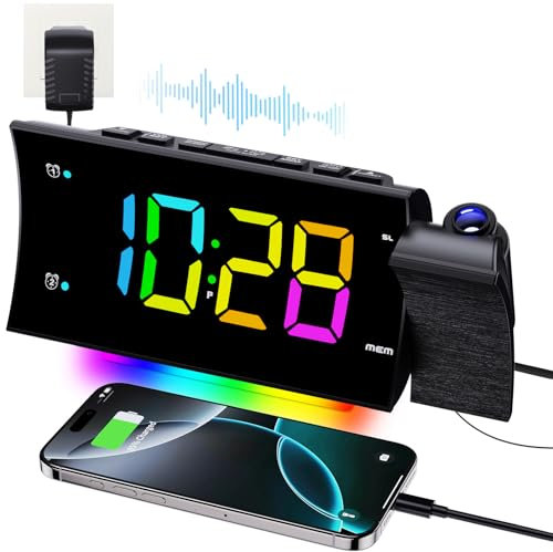 FCHERP Radio Reveil Projecteur Plafond 180°, Radio Réveil FM Numérique, Grand Écran LED, Chargeur USB, Double Alarme, 12/24H, Snooze, Horloge Projection Plafond pour la Chambre