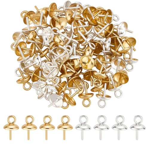 CRAFTYMELODY 80 Stück 2 Farben 304 Edelstahl Cup Pearl Peg Bails Eye Pin Bail Caps Pin Anhänger Für Halb Gebohrte Perlen 8x5mm Charm Connectors