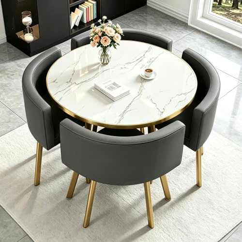 AMZSEW Essgruppe 5-Teilig, Küchenstühle Runder Esstisch und 4 Kunstleder Esszimmerstühle, Küchentisch esszimmertisch 80 cm, für 4-6 Personen, für Esszimmer, Küche, Wohnzimmer, Modern (Square Gray)