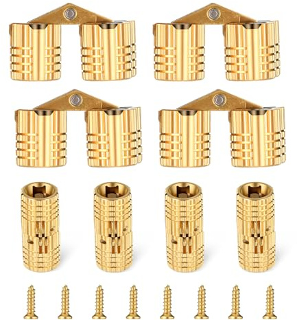 4Pcs 8 mm Hidden Brass Barrel Hinges with 8 Screws, 180 Degree Opening Angle for Wooden Boxes, Jewelry Box Hinges