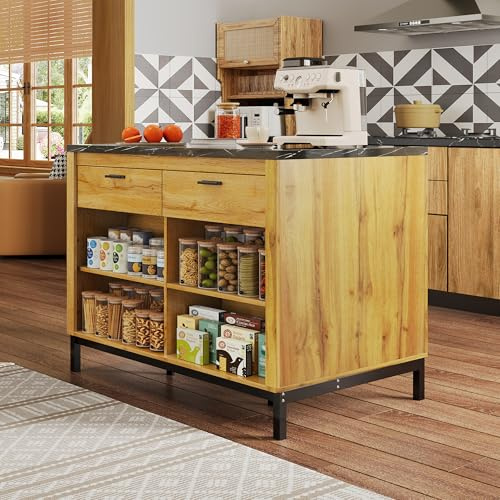 BNUZ Isla de cocina de estilo rústico 90 × 120 cm – Isla de cocina con 2 cajones y 4 estantes abiertos, grano de madera de roble, encimera de mármol negro, estructura de metal