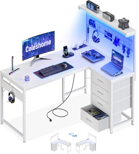 Coleshome Eckschreibtisch mit LED, 110×80 cm, Weiß | Gaming Schreibtisch mit 4 Stoff Schubladen, Gaming Tisch mit Steckdose & USB, Reversibel, für Homeoffice & Gamer