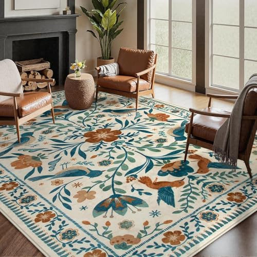 VARIKASHOM Kurzflor Teppich Großer Wohnzimmer Schlafzimmer, Waschbarer Wohnzimmerteppich,Modernes, mehrfarbiges Landhaus-Blumen- und Vogelmuster, blau-cremefarben, 200 x 300 cm