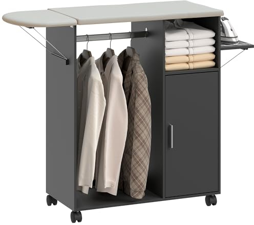 HOMCOM Mobile Asse da Stiro Pieghevole con Ruote, 127x42.5x99cm Nero | Freno, Portaferro da Stiro, Barra Appendiabiti, Ripiani Regolabili, Lavanderia, Bagno