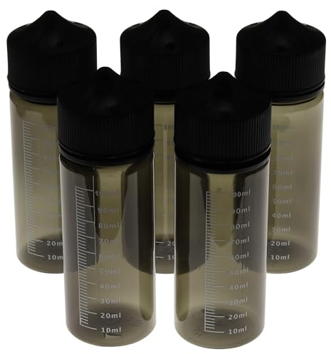 DIY-24H | 5 Stück Leerflaschen 120ml mit Messskala in schwarz, Tropfflaschen für Öle oder Liquids, mit kindersicherung Verschluss