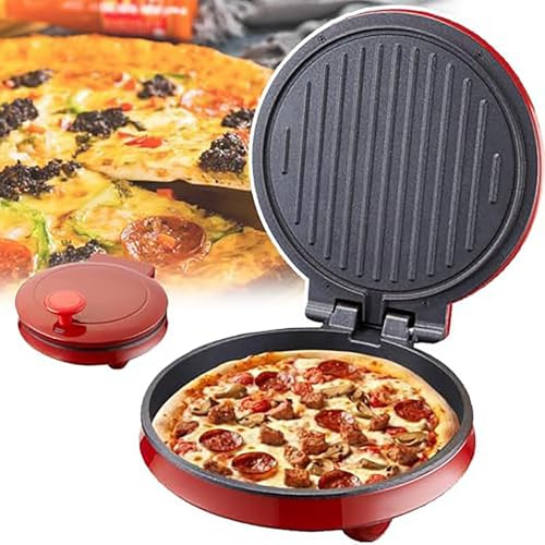 Máquina para hacer pizzas de 1000 W, pizzera eléctrica para el hogar, diámetro de bandeja para hornear de 23 cm, revestimiento antiadherente, calentamiento de doble cara, apertura y cierre de 180°