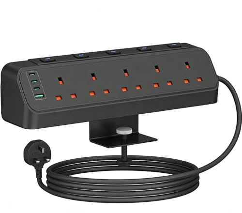 Lrqmte Black Desk Clamp Power Socket, 1.8M Extension Lead with USB C Slots | Home Multi Plug with 1.8M Extension Leads & Individual Switches, 1 USB A & 3 USB C, 3250W, Office Extension Cable