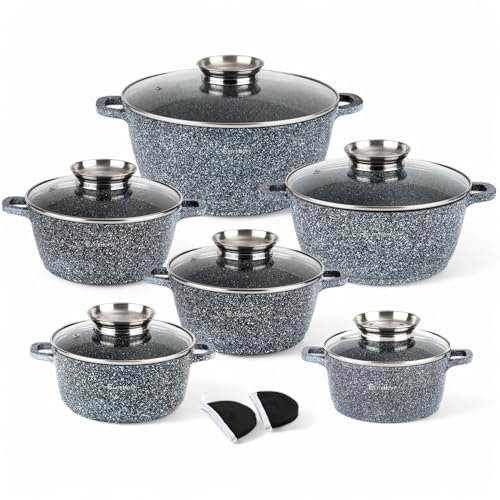 EliteHoff Kochtopf Set Induktion, Topf aus Aluminiumguss mit Antihaftbeschichtung, Topfset mit Glasdeckel für alle Herdarten inkl. Induktion, Gas, Elektro, Halogen, Keramik (Grau, 12-teilig)