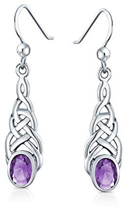 Orecchini pendenti con nodo celtico d'amore irlandese in ametista viola ovale per donne e adolescenti in argento sterling .925 con gancio a filo per pesci, pietra portafortuna di febbraio.