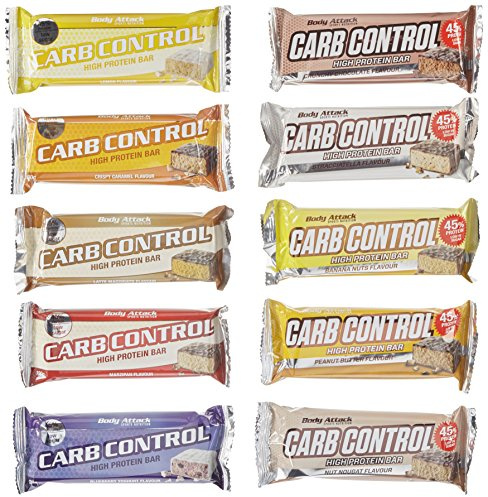 Body Attack Carb Control Mix Box, Proteinriegel ohne Zuckerzusatz, Low Carb – High Protein 45%, Eiweißriegel mit Whey, Made in Germany, Mix-Box (10 x 100g)