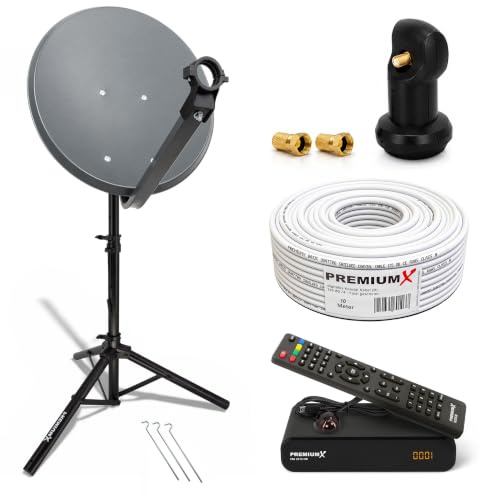 Premium X Camping Balkon Satelliten-Anlage 45cm SAT Schüssel Single LNB 10m Kabel F-Stecker Dreibein-Stativ HD TV Receiver