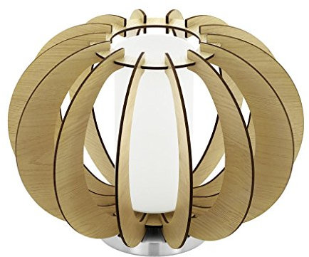 EGLO Tischlampe Stellato 1, Nachttisch Stahl in Nickel-matt, Holz, Glas in ahorn, Weiss E27 Fassung