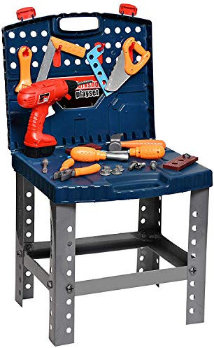 Playkidiz Construction Workbench - Kids Tool Set - Portable Toolbox Toy Playset - Kids Tool Bench Includes Working Electric Power Drill, Travel Carry Case & 45+ Tools & Accessories - Ages 3+