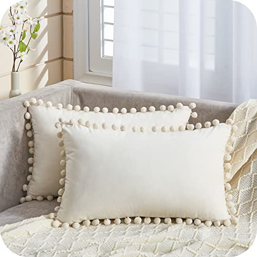 Topfinel Kissenbezug 30x50 cm Sahne 2er Set Samt Boho Deko mit Pompoms Weihnachten Kissenbezüge Dekorative Kissenhülle Kopfkissen Sitzkissen Dekokissen Couchkisen für Sofa Schlafzimmer Büro Auto