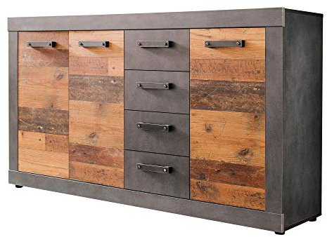 Newfurn Sideboard Kommode Industrial,Vintage Anrichte Highboard Mehrzweckschrank II 151x86x 37 cm (BxHxT) II [Jamell.Three] in Anthrazit Old Wood/Old Wood Wohnzimmer Schlafzimmer Esszimmer