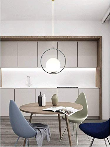 Lampadario a Sospensione Cerchio Argento lucido con Sfera Bianca in vetro lampada Moderno Minimal sospesa attacco lampadina led E27